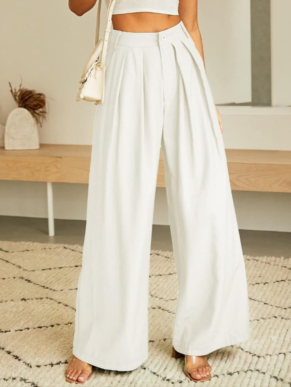 White Wide-Leg High-Waist Trousers Pleated Relaxed Fit Size 14 Womens Palazzo - Picture 13 of 13
